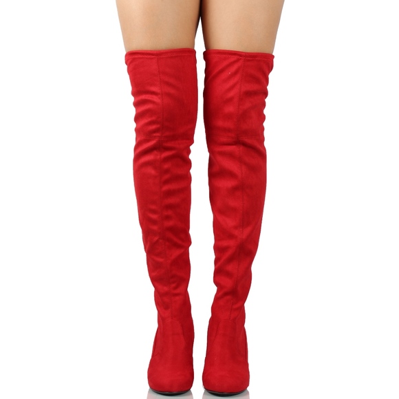 Red Over the knee back tie block heel boot - Picture 4 of 5